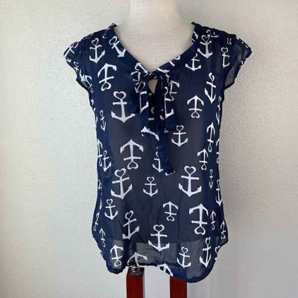 Navy Anchor Print Tie-Neck Cap Sleeve Blouse